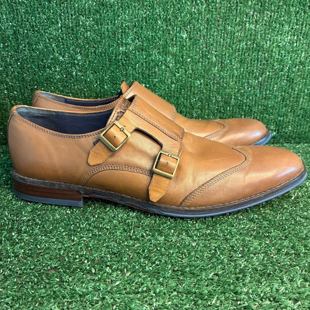 Hush Puppies Gil Double Monk Strap Wingtip Leather Dress Shoes Tan Mens 10.5 M